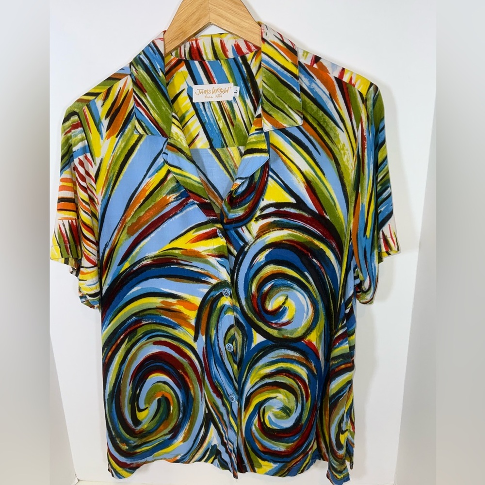 Jams World Women's Shirt Hawaii Whirly Pop Mod Funky Short Sleeve Size L Vtg